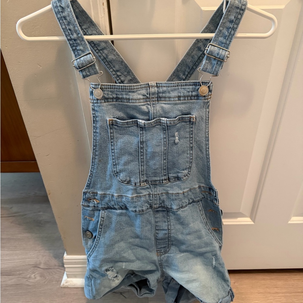 No Boundaries Light Wash Denim Shortalls with Pink Logo